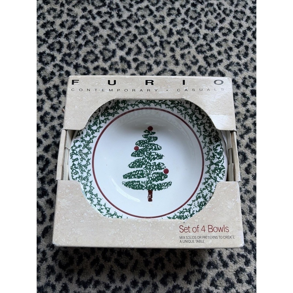 VTG Furio Sponge Christmas Tree Set of 4 Soup Bowls Green Red Band Italy 8" NIB